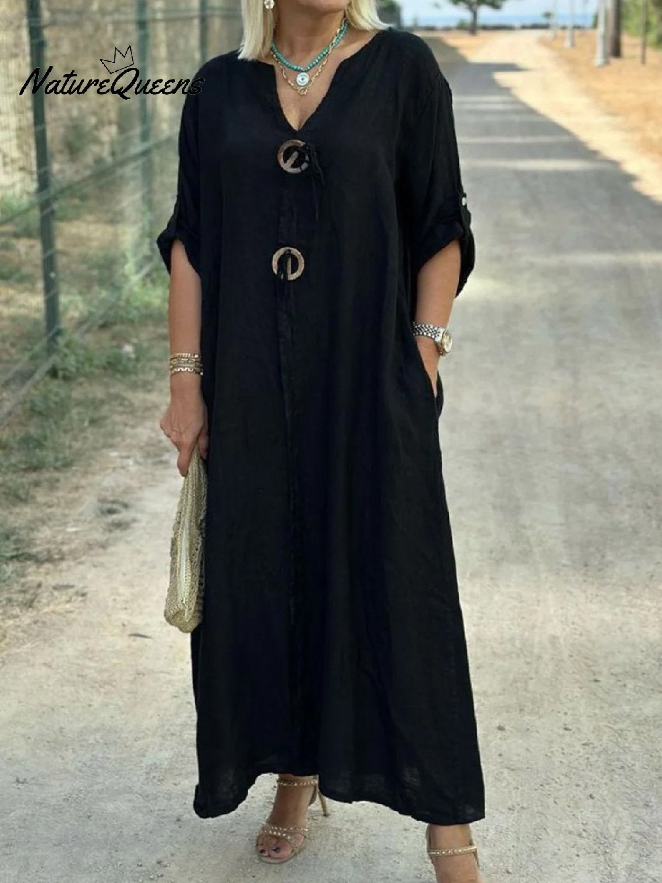 Noor – Robe longue avec détails en bois et manches amples